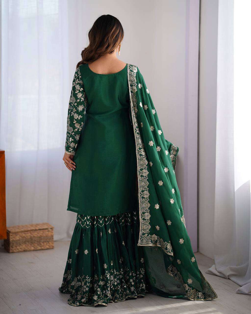 Women's Chinon Silk Embroidery Sequence Work Straight Kurti With Sharara Suit and Dupatta Set - Image 5